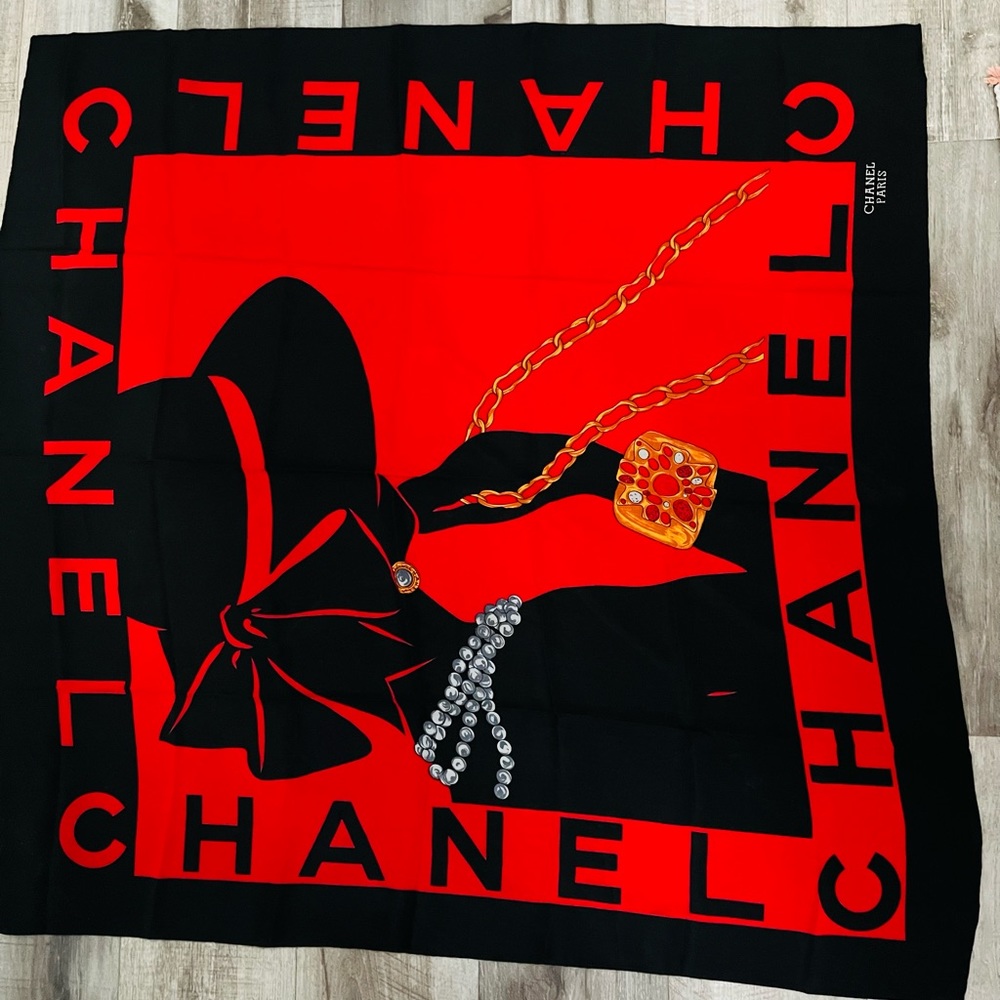 Chanel Mademoiselle silk 1990’s red silk scarf